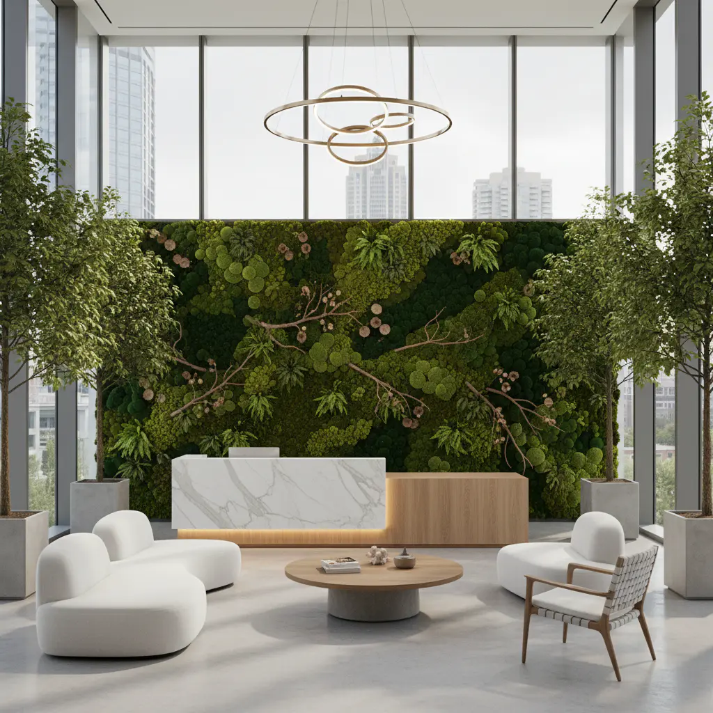 Elegant office lobby with moss wall