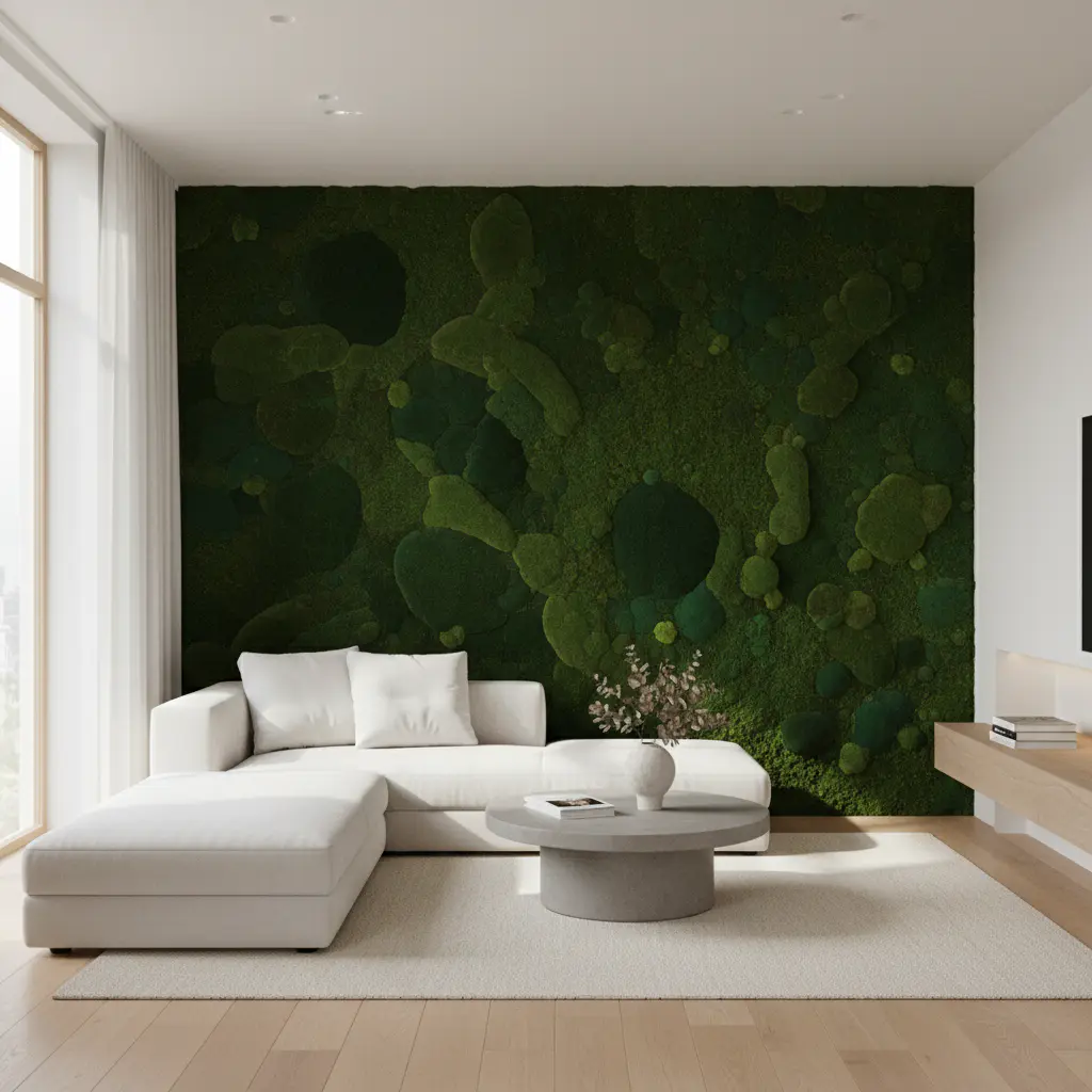 Modern living room with moss wall