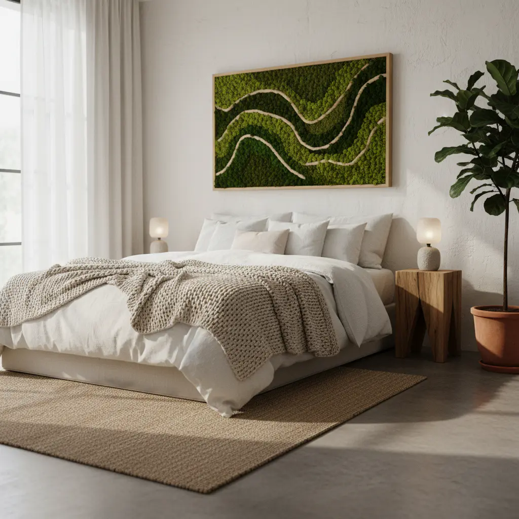 Cozy bedroom with minimal moss art