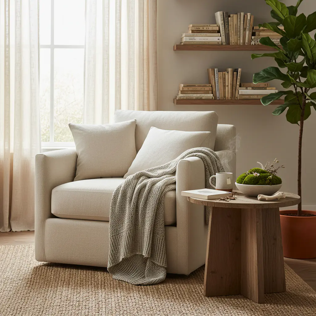 Cozy reading corner with moss decor piece