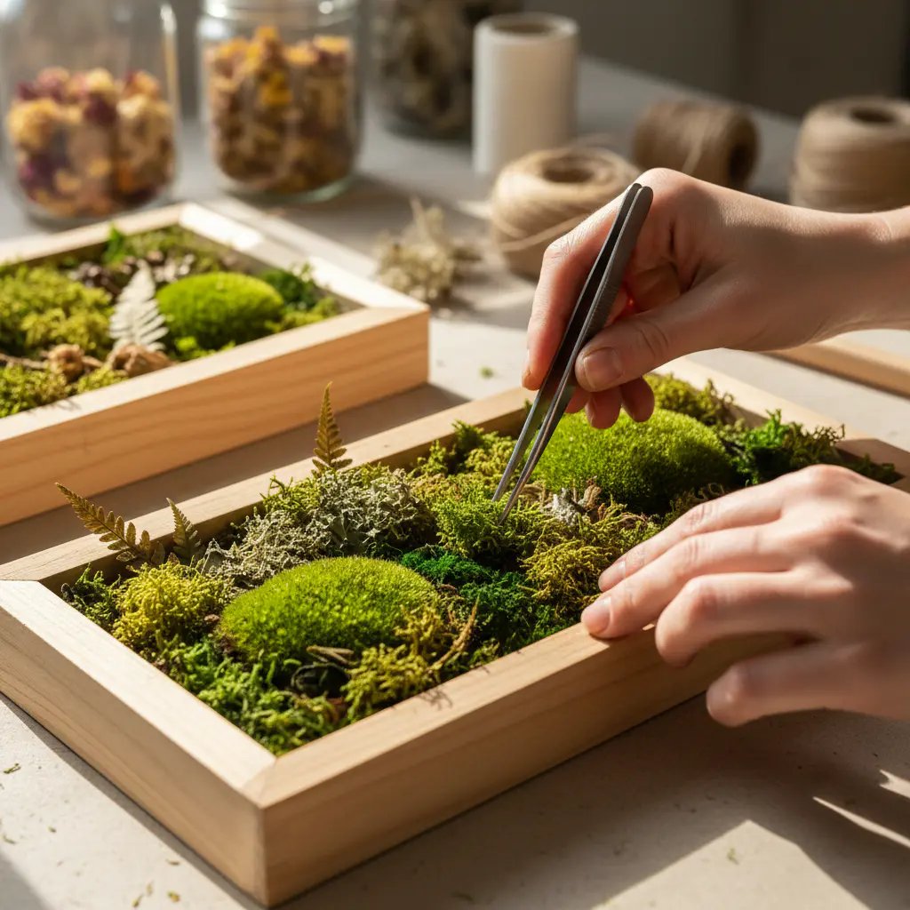 Hands crafting a moss panel