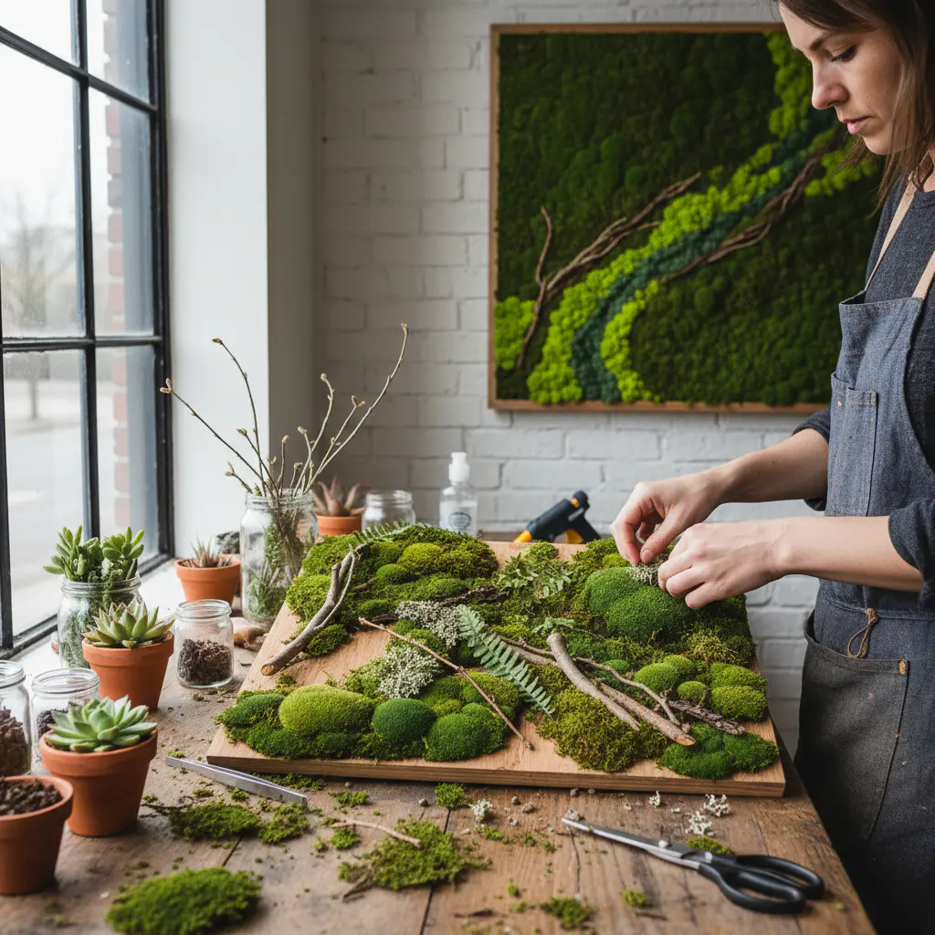 Artisan making moss panel
